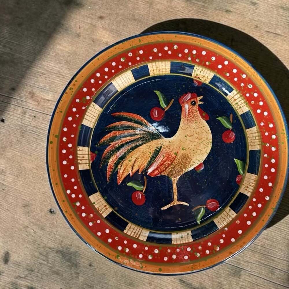 Rooster Decorative Dinner Plate Country Kitchen Blue Red Cherries